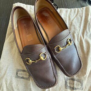 Gucci Men’s Horsebit Loafers Brown Leather Driving Shoes Size 8.5